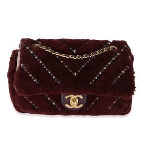 Chanel Burgundy Orylag Rabbit Fur Chevron Small Single Flap Bag